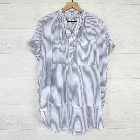 Free People For Keeps Oversized Tunic Top XS Blue Striped Linen Coastal Boho - Picture 2 of 16